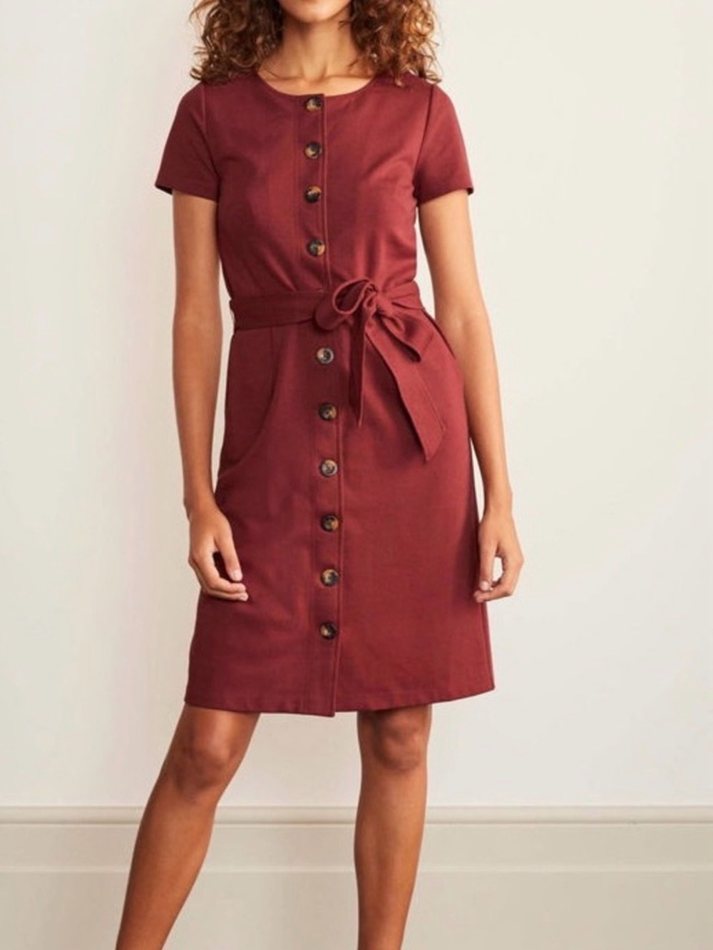 Boden Beatrice Ponte Dress Mahogany Dark Red Tie Waist Cotton Blend